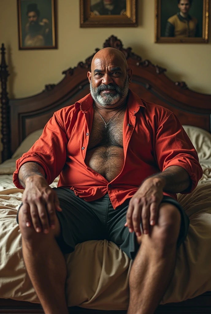 muscular patient, 75 years old,burly, (shirtless), speedos, ebony skin, smilling happily, lying on the patient bed, detailed, lovely, detailed faces