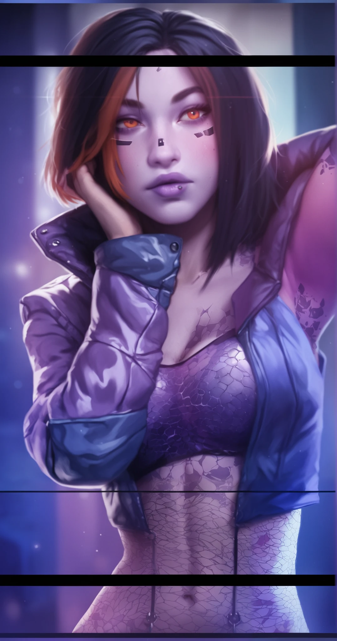 realism, masterpiece, best quality, amazing quality, very aesthetically pleasing, absurd, state-of-the-art) , official style, stoic expression, a girl in a cyberpunk jacket, pink lighting on her skin, tight-fitting holographic blouse under her jacket, elbow covering her chest, pink skin , skin covered with mesh, purple skin, orange eyes, piercing