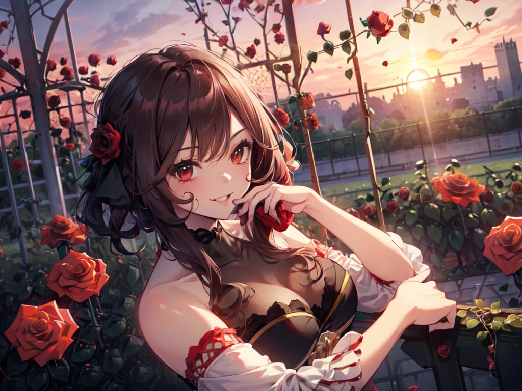 (Solo:2), (Young Woman:2), (Horse Ears:2, Big Head:2, Big Breasts, Emphasis on Breasts), (Smiling, Looking at Camera), (Arms on Chin:2), (Red Rose Garden in Castle:2), (Sunset:2), (Low Angle, Focus on Breasts), (Accurate Body Structure, Accurate Hand Structure, Accurate Finger Structure, Short Fingers, Short Arms, Short Legs), (Toon Shading, 3D, Very Fine Lines, Carefully Drawn, Great Artwork, Top Quality, High Resolution, 8K, Detailed, Delicate)