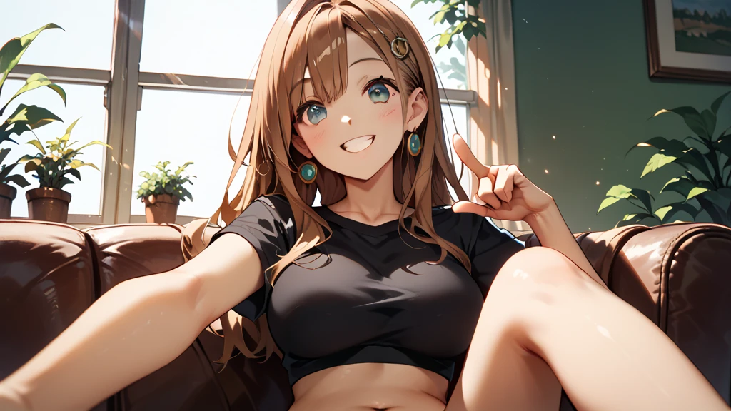 a long brown hair petite anime girl, big erect breasts, slim body, black crop top, facing viewer, grin, pointing down, one hand pointing, sitting vertical, Pretzel Pose,
legs up, man pov