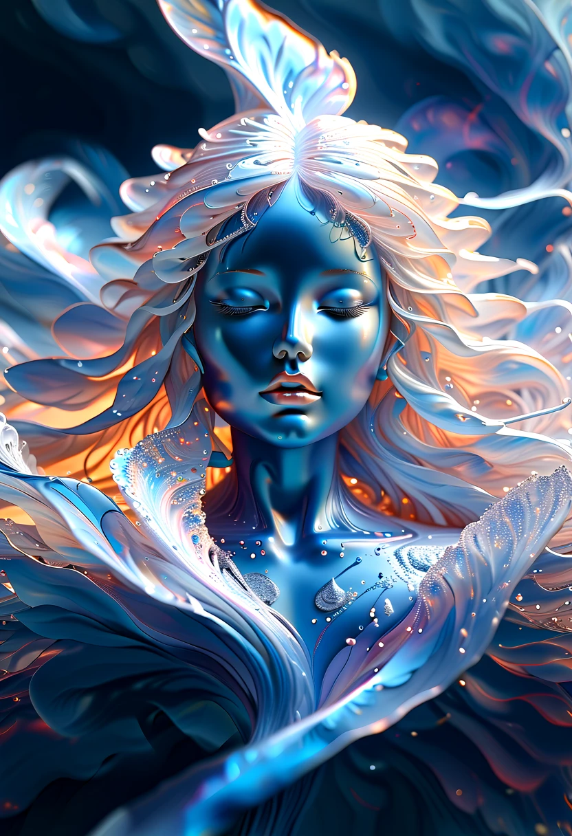 （Super Fine，lifelike：1.37），Psychedelic abstract art：3D goddess sculpture made of flowing liquid，Beautiful blue eyes，Serene expression，soft flowing hair，Upper Body，Background of the myth，creative composition，Liquid textures and patterns，High-resolution rendering，Crystal clear，Exquisite craftsmanship，Dreamy atmosphere，Sensual and fascinating，masterpiece：1.2。