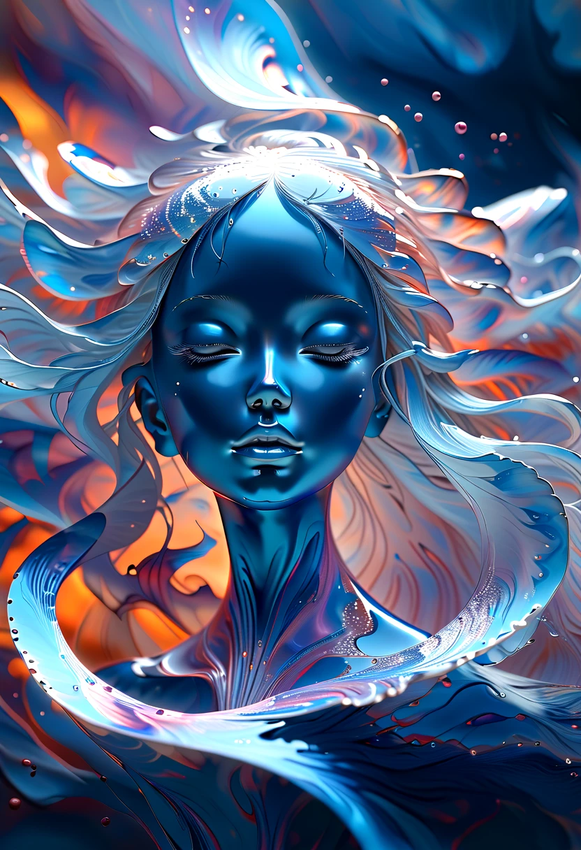 （Super Fine，lifelike：1.37），Psychedelic abstract art：3D goddess sculpture made of flowing liquid，Beautiful blue eyes，Serene expression，soft flowing hair，Upper Body，Background of the myth，creative composition，Liquid textures and patterns，High-resolution rendering，Crystal clear，Exquisite craftsmanship，Dreamy atmosphere，Sensual and fascinating，masterpiece：1.2。