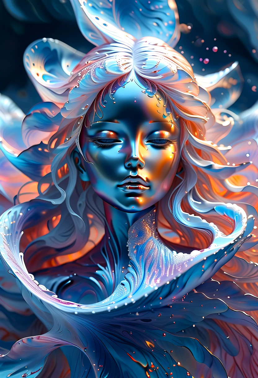 （Super Fine，lifelike：1.37），Psychedelic abstract art：3D goddess sculpture made of flowing liquid，Beautiful blue eyes，Serene expression，soft flowing hair，Upper Body，Background of the myth，creative composition，Liquid textures and patterns，High-resolution rendering，Crystal clear，Exquisite craftsmanship，Dreamy atmosphere，Sensual and fascinating，masterpiece：1.2。