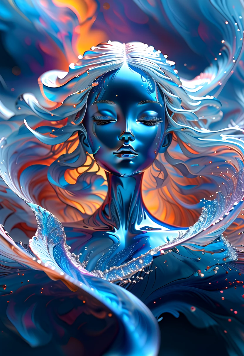 （Super Fine，lifelike：1.37），Psychedelic abstract art：3D goddess sculpture made of flowing liquid，Beautiful blue eyes，Serene expression，soft flowing hair，Upper Body，Background of the myth，creative composition，Liquid textures and patterns，High-resolution rendering，Crystal clear，Exquisite craftsmanship，Dreamy atmosphere，Sensual and fascinating，masterpiece：1.2。