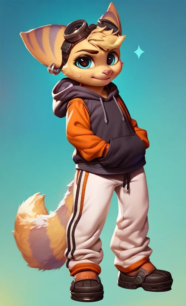 score_9, score_8_up, score_7_up, score_6_up, score_5_up, score_4_up, rivet, full body, crotch, detailed materials, detailed fur, detailed fabrics, ((wearing nylon sweatpants and hoodie))