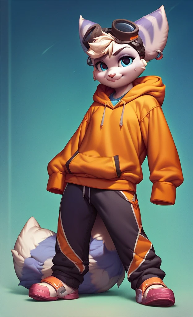 score_9, score_8_up, score_7_up, score_6_up, score_5_up, score_4_up, rivet, full body, crotch, detailed materials, detailed fur, detailed fabrics, ((wearing nylon sweatpants and hoodie))