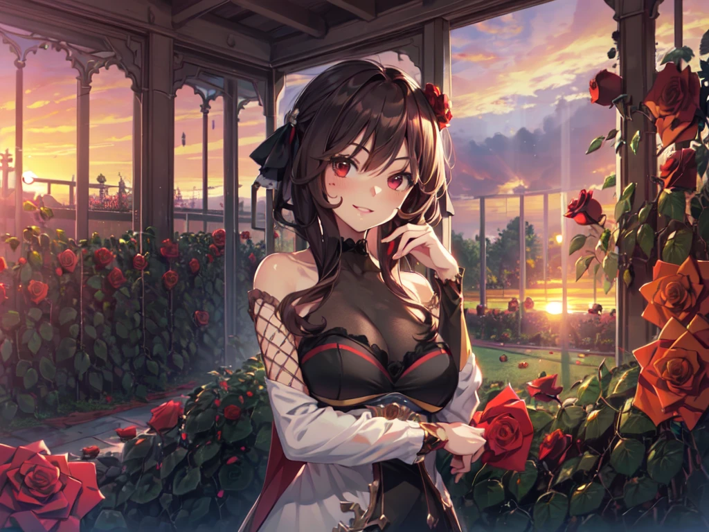 (Solo:2), (Young Woman:2), (Horse Ears:2, Big Head:2, Big Breasts, Emphasis on Breasts), (Smiling, Looking at Camera), (Arm on Chin:2), (Red Rose Garden in Castle:2), (Sunset:2), (Low Angle, Focus on Breasts), (Accurate Body Structure, Accurate Hand Structure, Accurate Finger Structure, Short Fingers:2, Short Arms:2, Short Legs), (Toon Shading, 3D, Very Fine Lines, Carefully Drawn, Great Artwork, Top Quality, High Resolution, 8K, Detailed, Delicate)