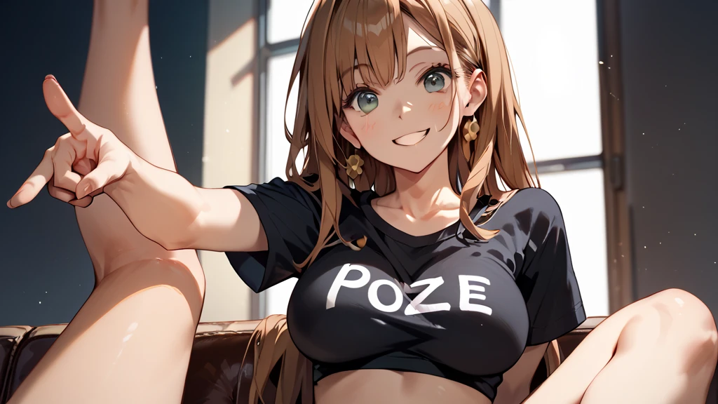 a long brown hair petite anime girl, big erect breasts, slim body, black crop top, facing viewer, grin, pointing down, one hand pointing, sitting vertical, Pretzel Pose,
legs up, man pov