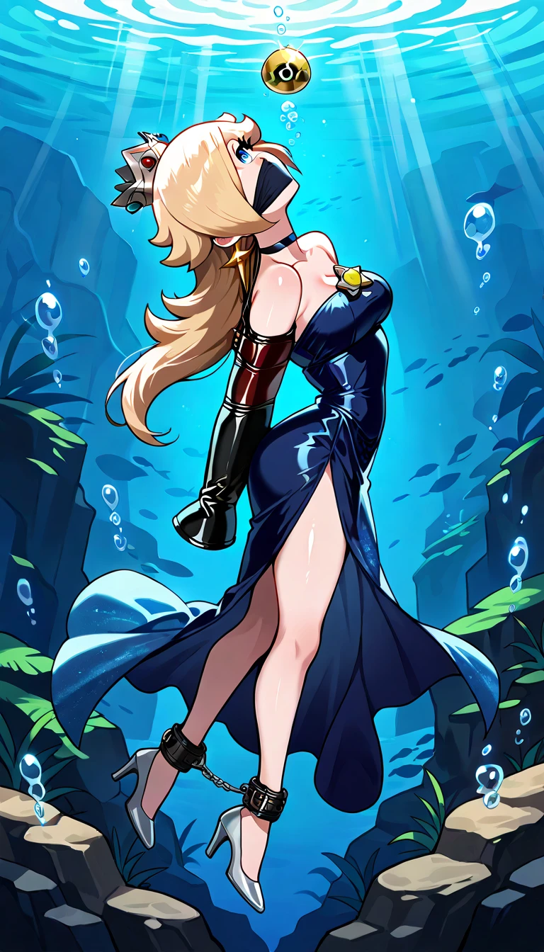 score_9, score_8_up, score_7_up, 1girl, Lora:Rosalina_XLPD:1,  (RslnSND, hair over one eye, crown, blue dress, bare shoulders, side slit, clothing cutout, choker, cleavage cutout, pelvic curtain, high heels, shiny dress, dark blue dress), wossarem style , shiny skin, , perfect proportions, underwater, underwater drown, bound arms, (arms behind back: 1.4),  (armbinder: 1.4), G4G, mouth under mask, feet cuffed, , feet tied to a metal ball with chains, , body swimming up, head turning up and back, eye looking up
, tight black cloth gag, G4G, mouth and nose under mask, over the nose cloth gag,
Expressive Cloth gag, (((lean the chest backwards, side view))), (((head leaning backward))), (( body side view)), side view, ((stretched legs)), ((head and neck leaning backward)), ((upper body leaning backward)), (head from side view), face side view,  ((She is arching her back towards backward while looking up from side view)), (( back bend )), ((arched back:1.3)),  from side.