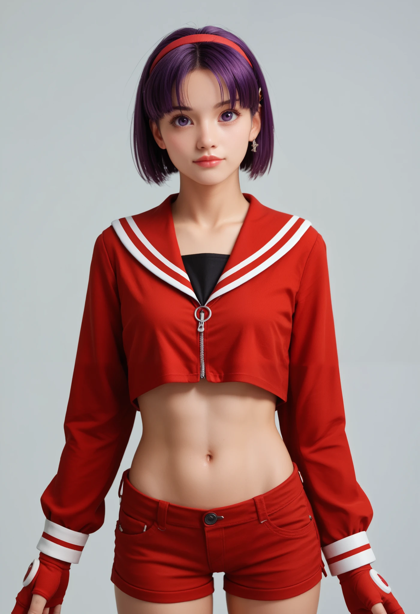 Masterpiece,best quality,AthenaKOF99, purple hair, purple eyes, red hairband, short hair, red serafuku, long sleeves, black inner shirt, midriff, shorts, fingerless gloves, solo, light breeze, shiny skin,nsfw, standing,cowboy shot, big lips, ager girl,18 yo,big eyes