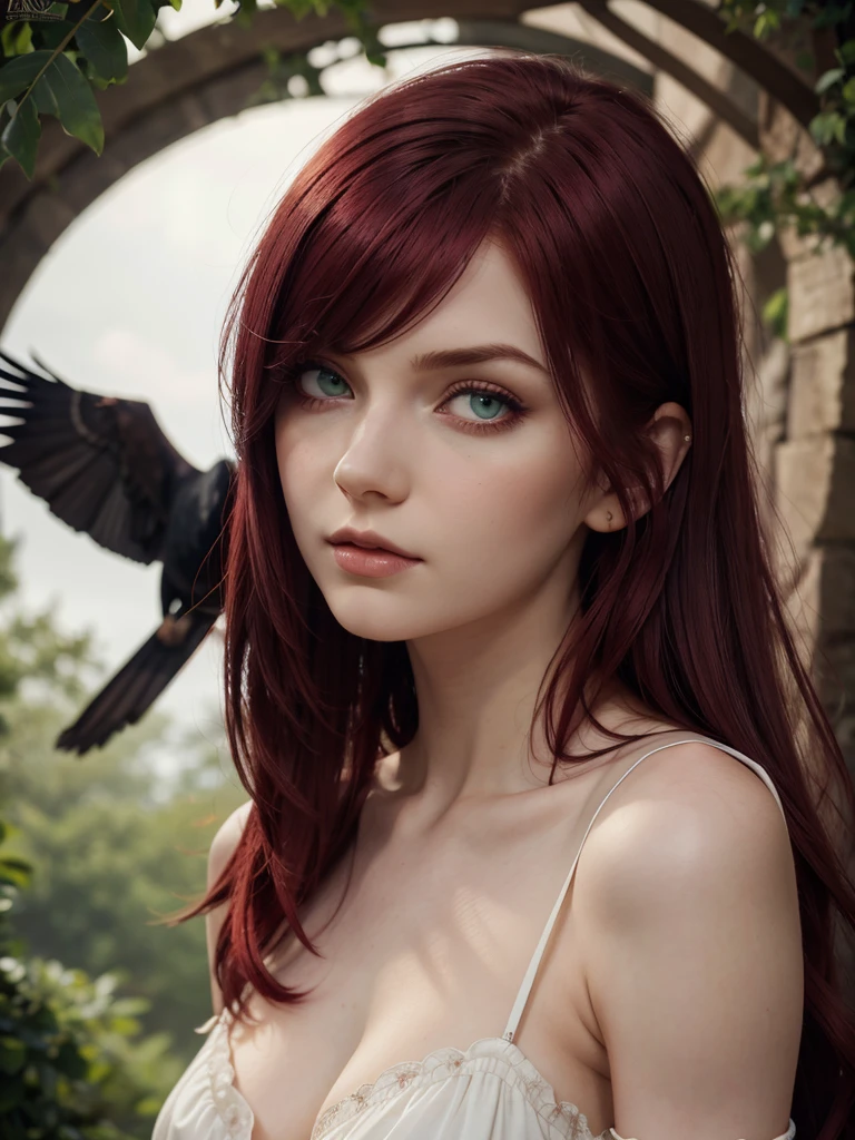 (best quality), 1girl, Female, pale skin, (burgundy red hair), swoopy hair, hair over shoulder, hair over one eye, green eyes, perfect eyes, Nightgown, crow feather accessoires, fantasy universe, small bust, stoic, masterpiece, anatomically correct, highres
