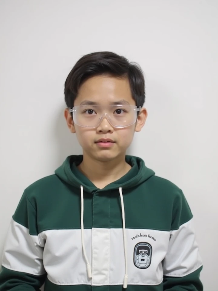 A 14 years old Japanese,silver edge glasses,looking at viewer,full body,hoodie,all body,face forward,arms behind back,white background