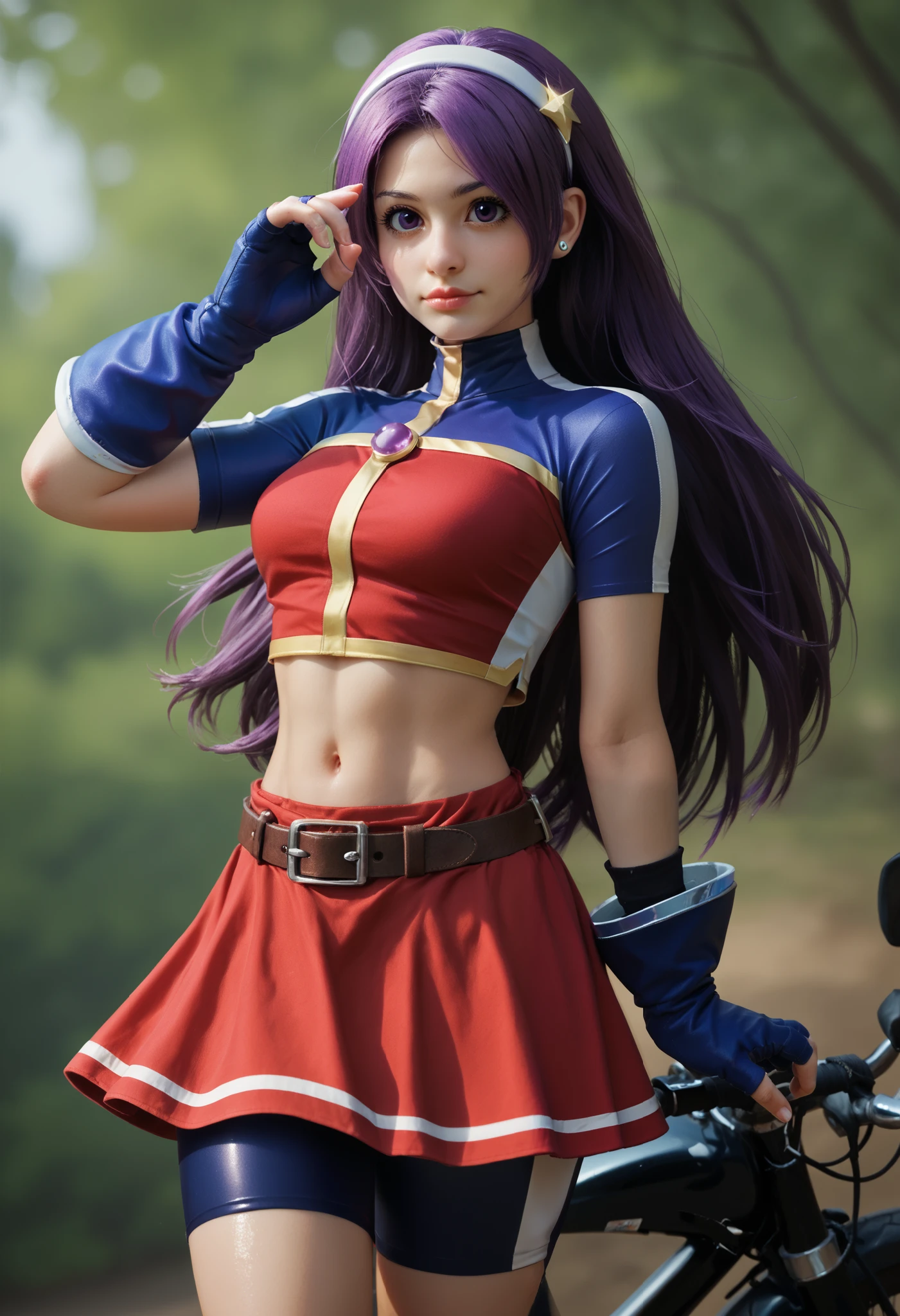 Masterpiece,best quality,ATHKOF2002, purple hair, long hair, purple eyes, white hairband, blue sleeves, pearl (gemstone), short sleeves, red top, belt, fingerless gloves, navel, red skirt, biker shorts, solo, light breeze, shiny skin,nsfw, standing,cowboy shot, big lips, ager girl,18 yo,big eyes