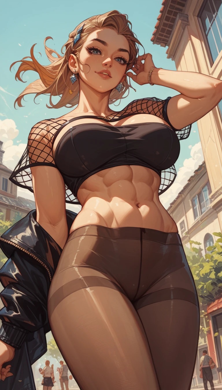 score_9, score_8_up, score_7_up, score_6_up, source_anime, BREAK 1girl, looking at you, masterpiece, best quality, busty, athletic body, pantyhose, mesh top, bandeau, from below, large breasts 