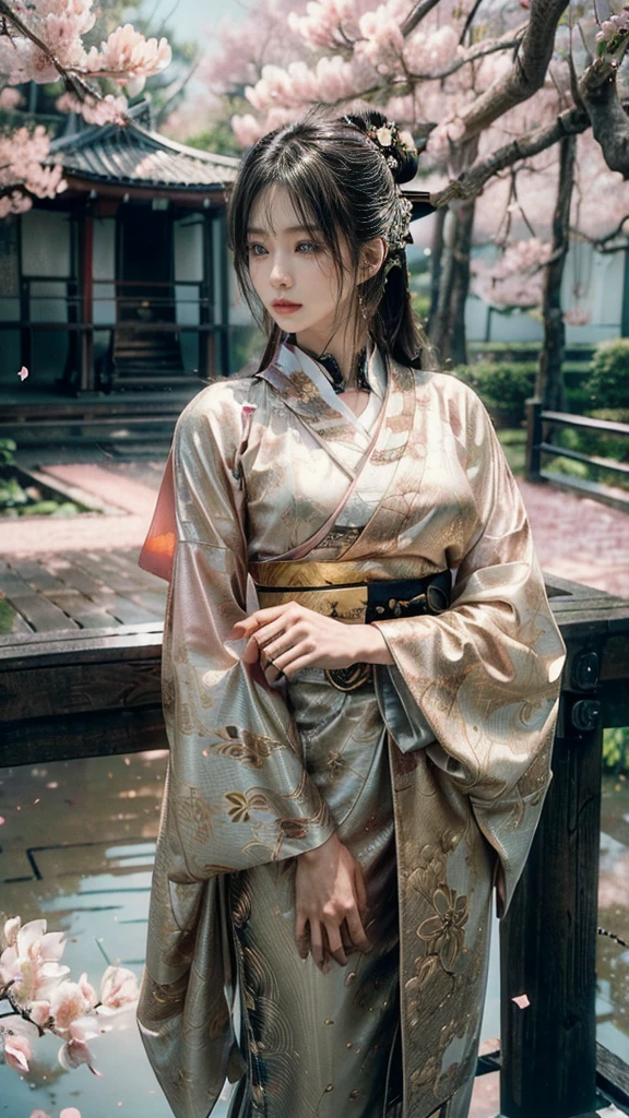 (It is a cybernetic samurai woman) who stands elegantly in a serene Japanese setting, (wearing a traditional kimono with intricate golden patterns). (Her robotic hands firmly grip a katana), and (it is the blade’s detailed hilt and subtle metallic reflection) that highlight the fusion of tradition and technology. (Her black hair, flowing naturally, is accented with 3 elegant hairpins), and (her piercing gaze is framed by soft lighting). (The setting includes a Japanese temple bridge in the distance, partially obscured by 100+ soft pink sakura petals falling gently through the air). (The lighting is soft and cinematic), creating (a highly detailed, ultra-realistic image) with a perfect balance of traditional aesthetics (70%) and cyberpunk elements (30%).