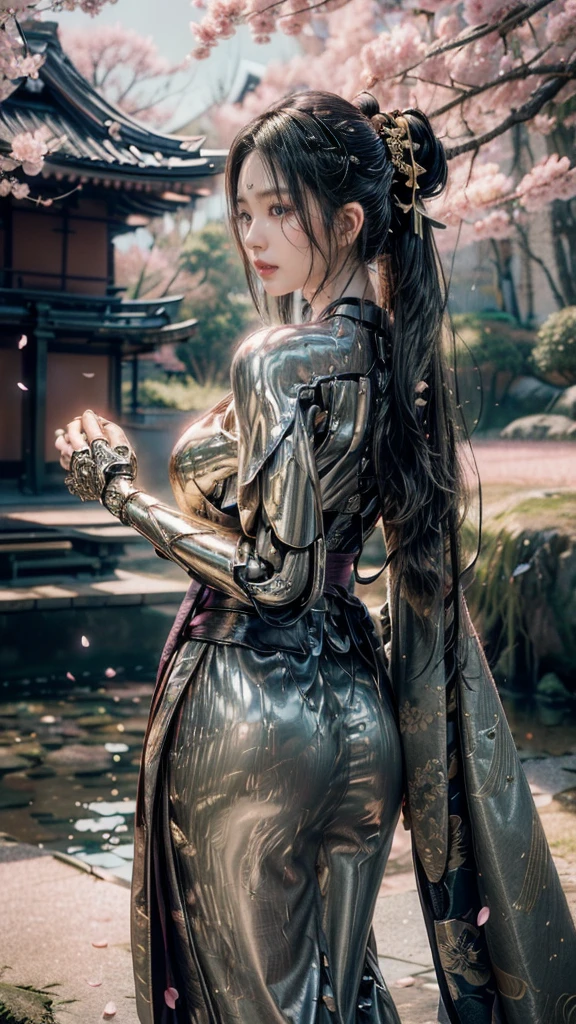 (It is a cybernetic samurai woman) who stands elegantly in a serene Japanese setting, (wearing a traditional kimono with intricate golden patterns). (Her robotic hands firmly grip a katana), and (it is the blade’s detailed hilt and subtle metallic reflection) that highlight the fusion of tradition and technology. (Her black hair, flowing naturally, is accented with 3 elegant hairpins), and (her piercing gaze is framed by soft lighting). (The setting includes a Japanese temple bridge in the distance, partially obscured by 100+ soft pink sakura petals falling gently through the air). (The lighting is soft and cinematic), creating (a highly detailed, ultra-realistic image) with a perfect balance of traditional aesthetics (70%) and cyberpunk elements (30%).