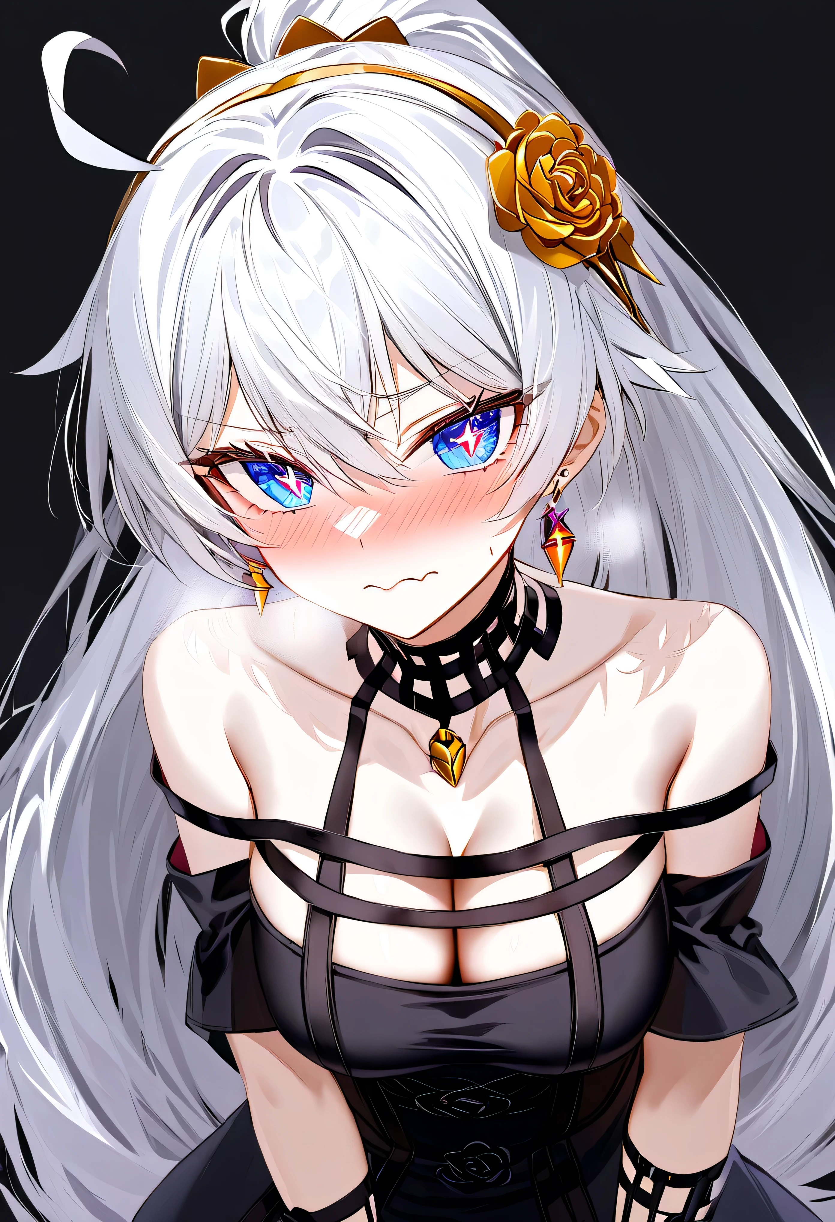 score_9, score_8_up, score_7_up, masterpiece, best quality, very aesthetic, absurdres, 1girl, solo, kiana kaslana \(honkai impact 3rd\), herrscher of finality, white hair, very long hair, ahoge, high ponytail, hair ornament, blue eyes, symbol-shaped pupils, medium breast, blush, disgusted face, closed mouth, heavy breathing, black background, yorbriarcosplay, yor briar \(cosplay\), bare shoulders, black dress, black gloves, cleavage, dress, earrings, gloves, gold earrings, hair ornament, hair band, jewelry, bare shoulders, collarbone, fingerless gloves, thighhighs, black thighhighs, selfie