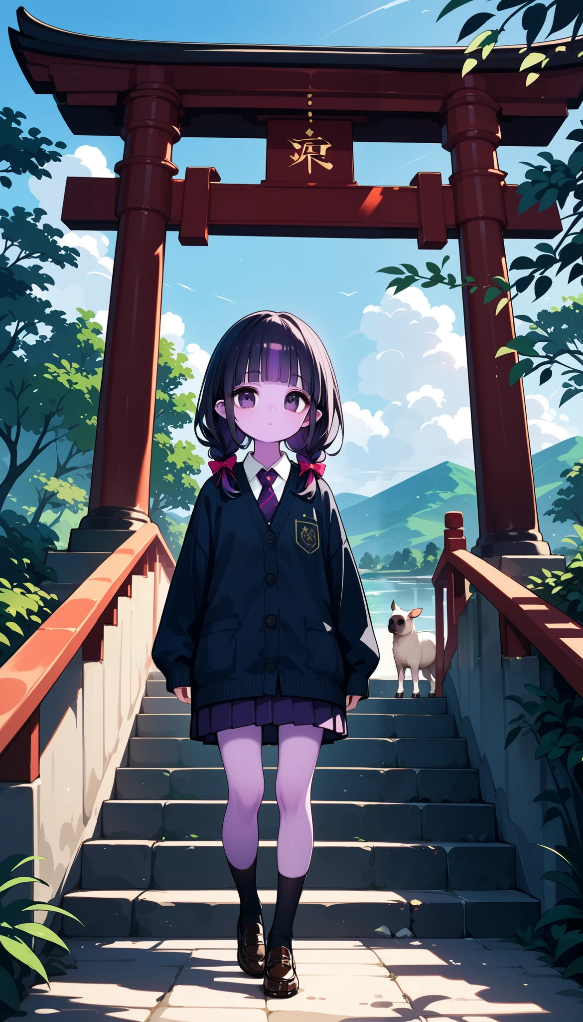  One Girl , (Twilight Sky), Stand and wave, School Area,  Plot the rural landscape of , scenery, School Cardigan , ( sleeves are longer than wrists ), Strong Loafers,  black ash hair on two sides, blunt bangs,   beautiful dark eyes  ,  Black Knee Socks ,  movie lighting,  upper body, :3,Long staircase、torii、A historic shrine