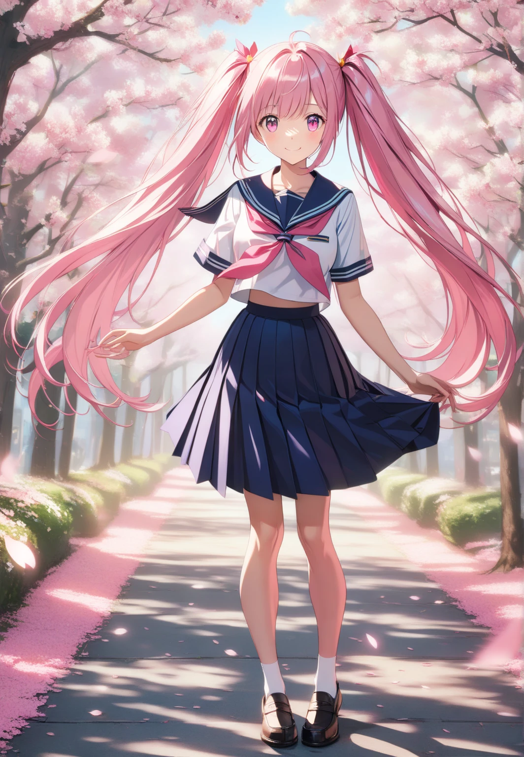 (1 girl, solo, adult), (Pink Shiny Bright Hair), (Long  hair, twintails,  long straight lush hair), (Pink shiny anime Eyes, pink eyes),  (serafuku, sailor shirt, blue skirt, black loafers),  Little smile, happy, (full body), (outdoors, beautiful blooming sakura, sakura blossom, sunny), BREAK
(masterpiece), best quality, ultra-detailed,Beautiful Girl, Beautiful Face, Beauty face, very beautiful face, Mesmerise, 1024k UHD wallpaper, ultra-high resolution, depth of field, HDR, Ray tracing, RTX, high saturation, high contrast, photon mapping, best texture quality, best compotitions, extremely detailed CG 1024k wallpaper, High Details, Detailed face, Detailed Clothes, Ultra HD Photo, Perfect Face,  expressive eyes,(perfect eyes:0.8), (detailed eyes:1)