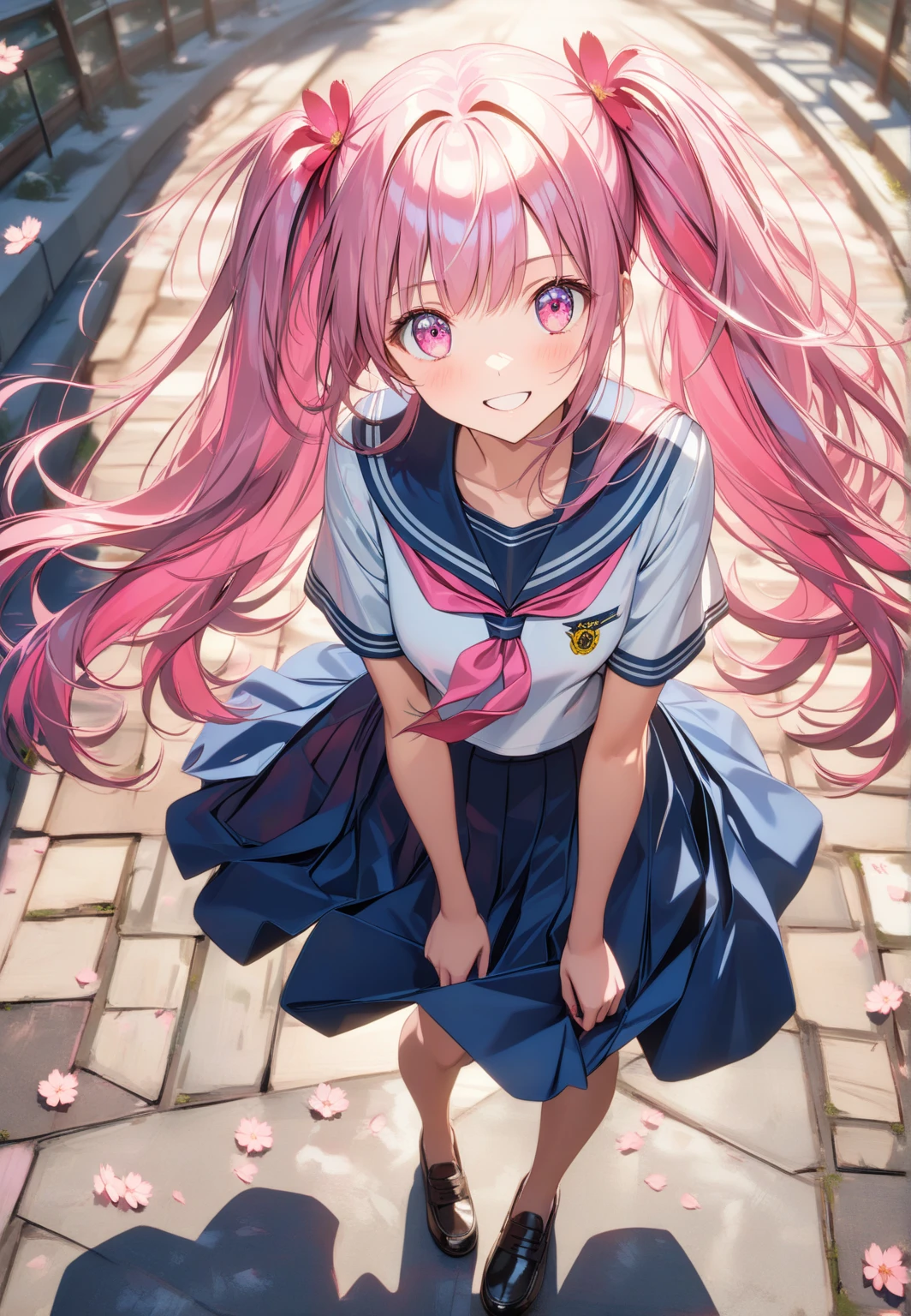 (1 girl, solo, adult), (Pink Shiny Bright Hair), (Long  hair, twintails,  long straight lush hair), (Pink shiny anime Eyes, pink eyes),  (serafuku, sailor shirt, blue skirt, black loafers),  Little smile, happy, (full body), (outdoors, beautiful blooming sakura, sakura blossom, sunny), BREAK
(masterpiece), best quality, ultra-detailed,Beautiful Girl, Beautiful Face, Beauty face, very beautiful face, Mesmerise, 1024k UHD wallpaper, ultra-high resolution, depth of field, HDR, Ray tracing, RTX, high saturation, high contrast, photon mapping, best texture quality, best compotitions, extremely detailed CG 1024k wallpaper, High Details, Detailed face, Detailed Clothes, Ultra HD Photo, Perfect Face,  expressive eyes,(perfect eyes:0.8), (detailed eyes:1)