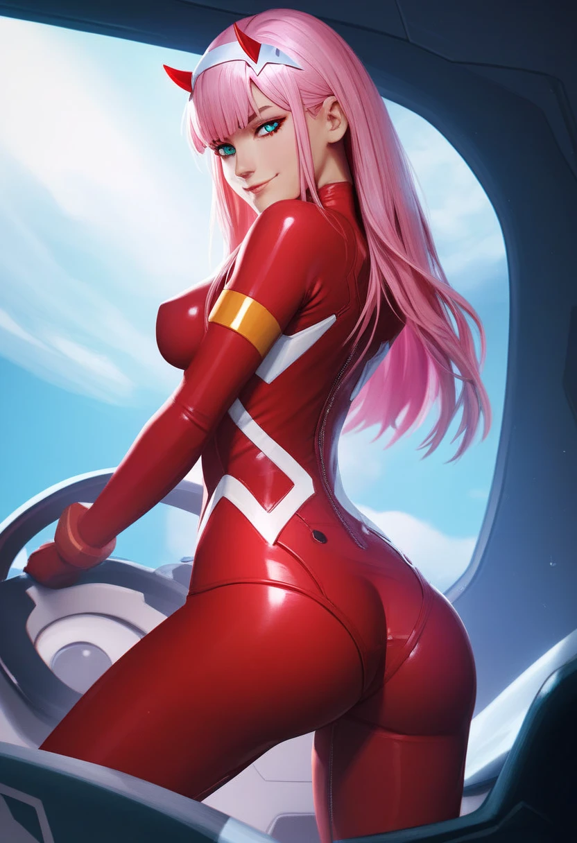 nsfw exposed breast 1girl, body suit unzipped shpwing off her breast,,,,zero_two_(darling_in_the_franxx), pink_hair, red_bodysuit, bodysuit, ass, long_hair, pilot_suit, solo, horns, white_hairband, looking_back, hairband, looking_at_viewer, cockpit, skin_tight, bangs, breasts, , from_behind, smile, blue_eyes, aqua_eyes,,,exposed breast ,,, with the blue sky in the background,,, sports pose,, 4k ,,, high quality
