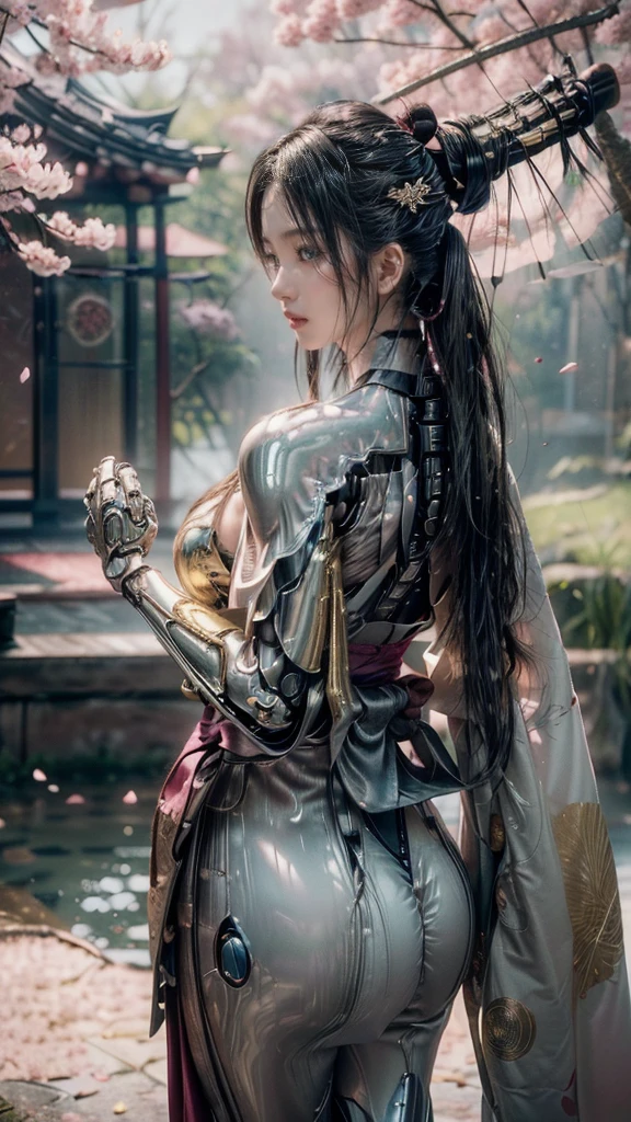 (It is a cybernetic samurai woman) who stands elegantly in a serene Japanese setting, (wearing a traditional kimono with intricate golden patterns). (Her robotic hands firmly grip a katana), and (it is the blade’s detailed hilt and subtle metallic reflection) that highlight the fusion of tradition and technology. (Her black hair, flowing naturally, is accented with 3 elegant hairpins), and (her piercing gaze is framed by soft lighting). (The setting includes a Japanese temple bridge in the distance, partially obscured by 100+ soft pink sakura petals falling gently through the air). (The lighting is soft and cinematic), creating (a highly detailed, ultra-realistic image) with a perfect balance of traditional aesthetics (70%) and cyberpunk elements (30%).