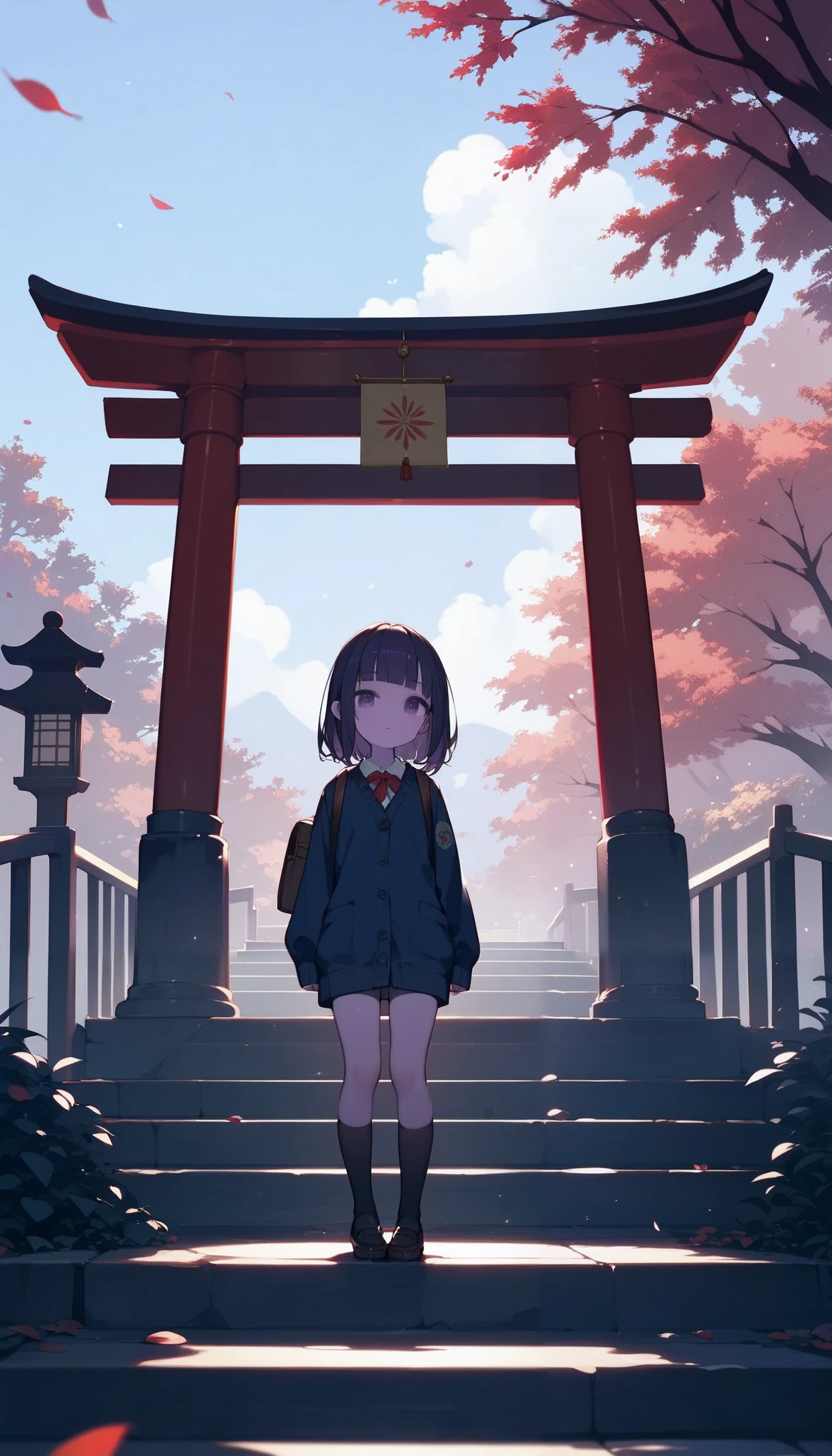  One Girl , (Twilight Sky), Stand and wave, School Area,  Plot the rural landscape of , scenery, School Cardigan , ( sleeves are longer than wrists ), Strong Loafers,  black ash hair on two sides, blunt bangs,   beautiful dark eyes  ,  Black Knee Socks ,  movie lighting,  upper body, :3,Long staircase、torii、A historic shrine