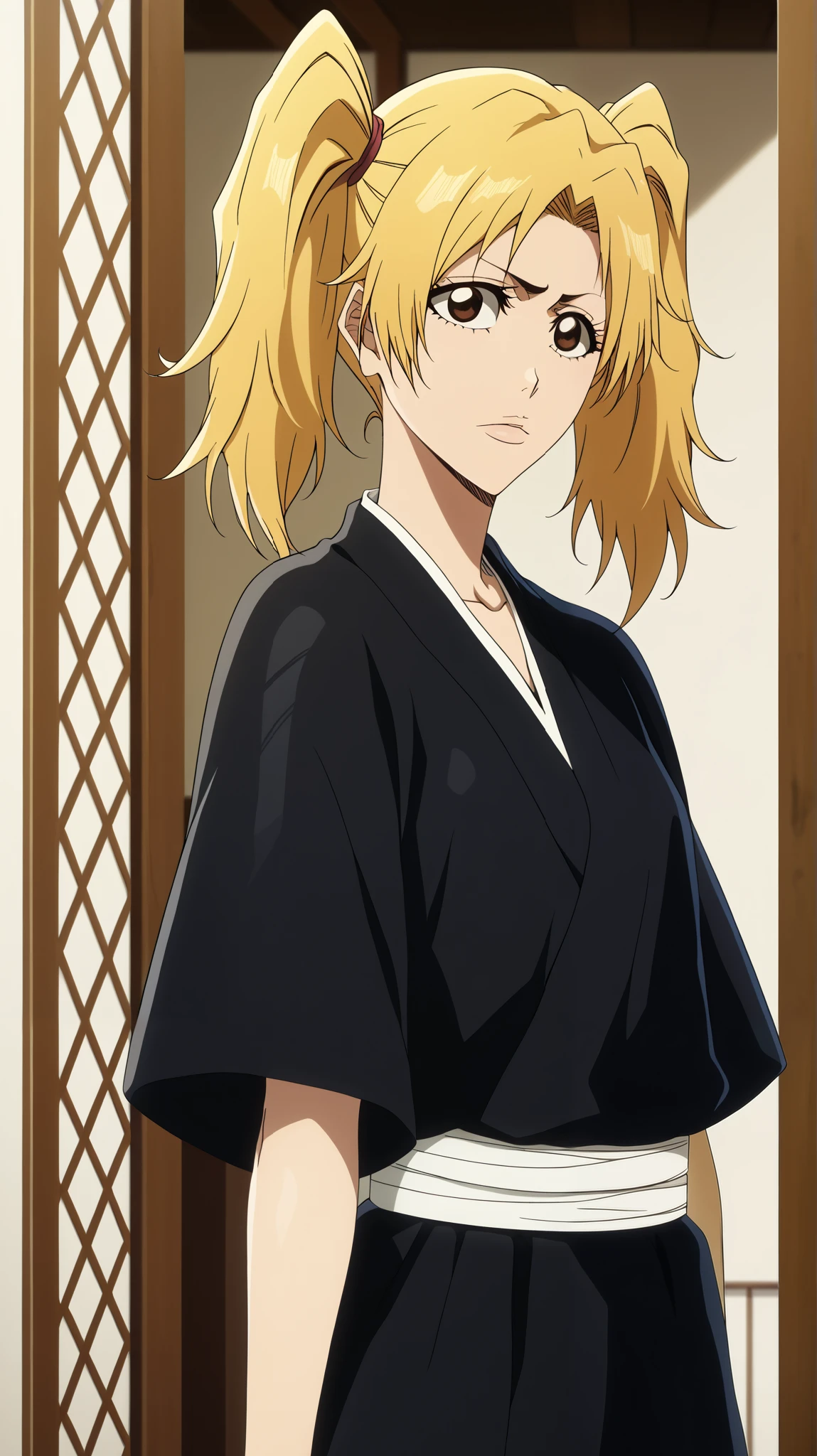   1 girl of fifteen years old  ,  young girl  , solo, anime pastor  "bleach".
Appearance:  brown eye  ,  long straight light yellow hair , (two tails on the head ),  sensual lips slightly open,  blond hair , ((одежда синигами bleach черные косодэ и хакама, bleach shinigami clothes)),  dynamic pose, (( pulls a zanpakto katana )),  from his waist, vertical yellow lightning strikes  (( sparkling gold-colored electrical discharges)),  katana , a shiny blade 