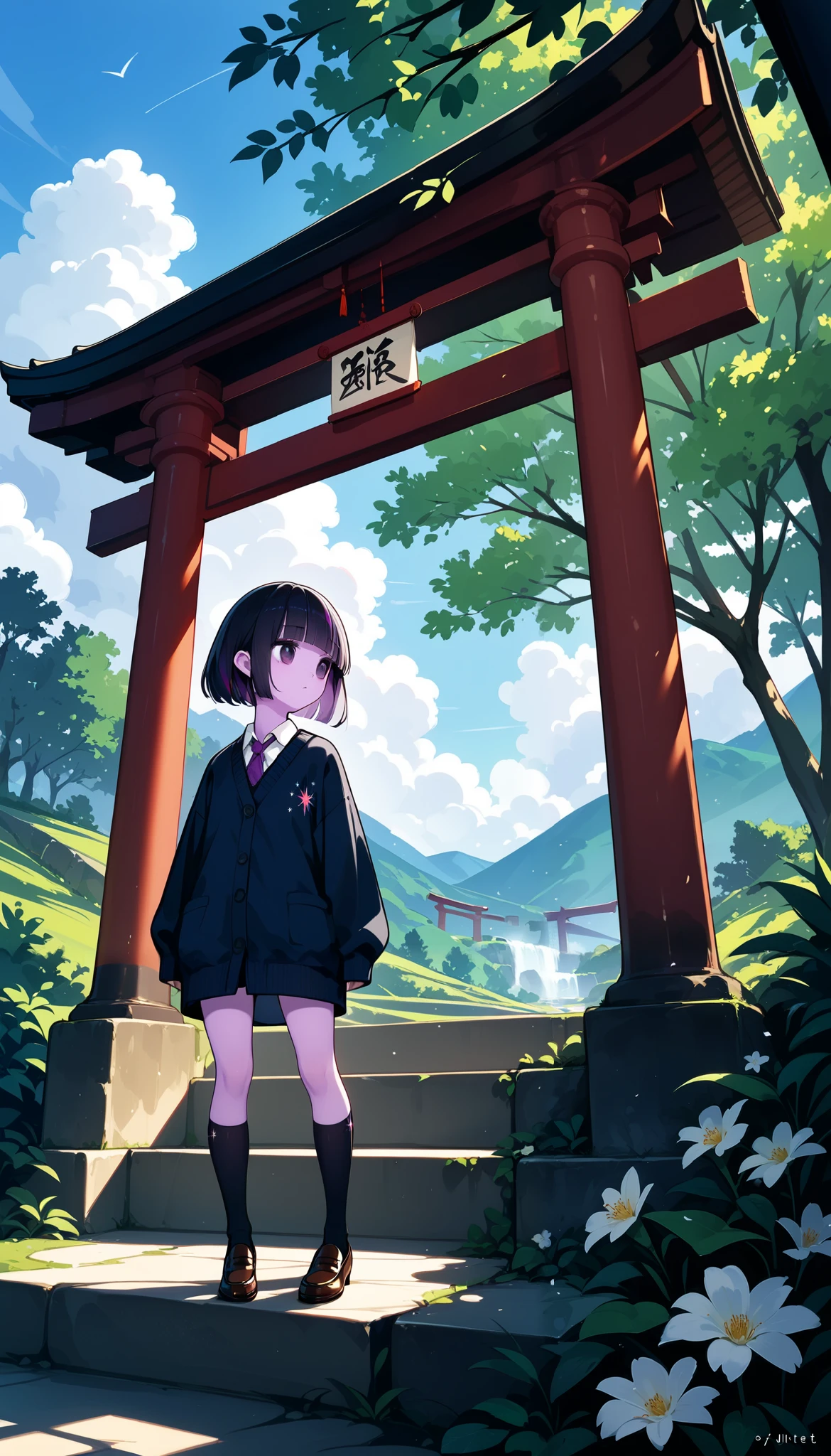  One Girl , (Twilight Sky), Stand and wave, School Area,  Plot the rural landscape of , scenery, School Cardigan , ( sleeves are longer than wrists ), Strong Loafers,  black ash hair on two sides, blunt bangs,   beautiful dark eyes  ,  Black Knee Socks ,  movie lighting,  upper body, :3,Long staircase、torii、A historic shrine