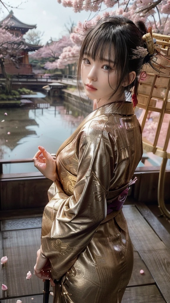 (It is a cybernetic samurai woman) who stands elegantly in a serene Japanese setting, (wearing a traditional kimono with intricate golden patterns). (Her robotic hands firmly grip a katana), and (it is the blade’s detailed hilt and subtle metallic reflection) that highlight the fusion of tradition and technology. (Her black hair, flowing naturally, is accented with 3 elegant hairpins), and (her piercing gaze is framed by soft lighting). (The setting includes a Japanese temple bridge in the distance, partially obscured by 100+ soft pink sakura petals falling gently through the air). (The lighting is soft and cinematic), creating (a highly detailed, ultra-realistic image) with a perfect balance of traditional aesthetics (70%) and cyberpunk elements (30%).