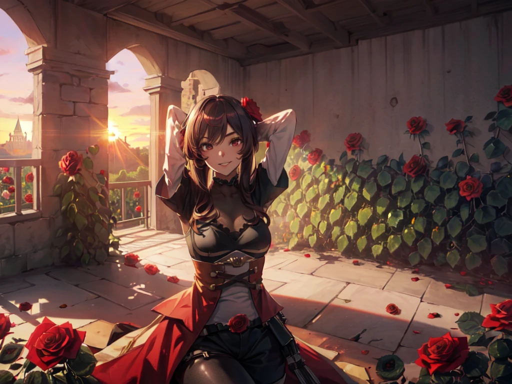 (Solo:2), (Young Woman:2), (Horse Ears:2, Big Head:2, Big Breasts, Emphasis on Breasts), (Smiling, Looking at Camera), (Arms Down:2), (Red Rose Garden in Castle:2), (Sunset:2), (Low Angle, Focus on Breasts), (Accurate Body Structure, Accurate Hand Structure:2, Accurate Finger Structure:2, Short Fingers:2, Short Arms:2, Short Legs), (Toon Shading:2, 3D, Very Fine Lines, Carefully Drawn, Great Artwork, Top Quality, High Resolution, 8K, Detailed, Delicate)