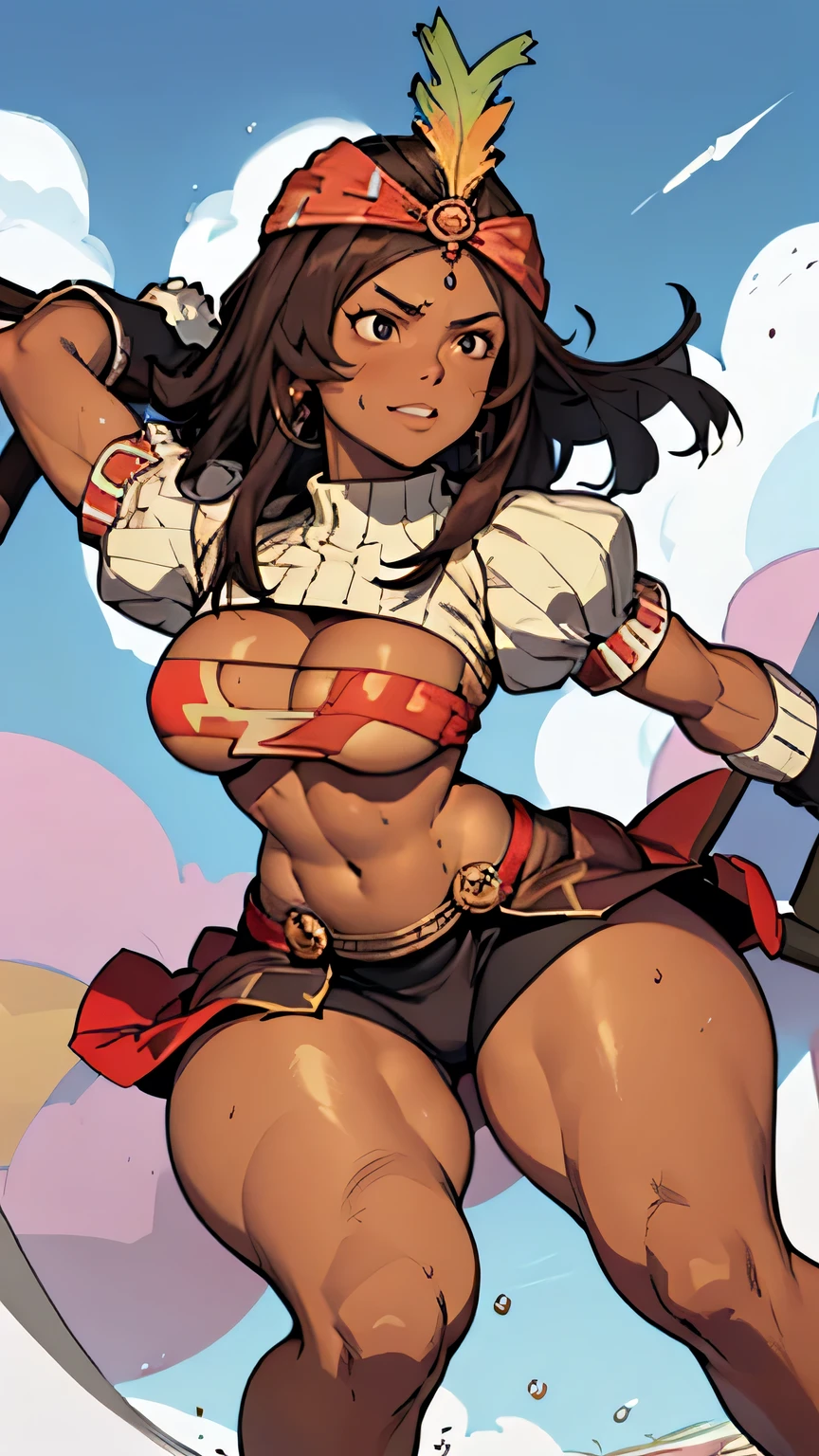 masterpiece, best quality, ff9lani, dark skin, bandana, feather hair ornament, turtleneck, cleavage, puffy sleeves, bandeau, ((red overskirt)), short shorts, gloves, large breasts, ,  (thick thighs:1.6) ((wide hips)) (narrow waist:1.4) ((toned body)) ((muscular female)) shinny skin, sweaty, sweat, sweat drop, shredded abs, atheltic body, redish-brown hair, sexy, ,full body,   , golden tan skin, thigh gap, ((underboobs)), (wielding huge axe:1.6) from below, sexy