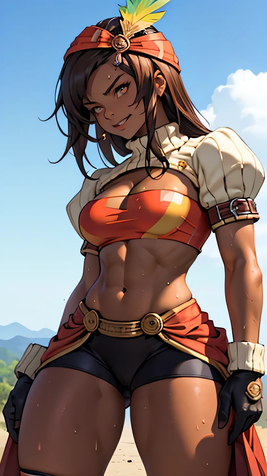 masterpiece, best quality, ff9lani, dark skin, bandana, feather hair ornament, turtleneck, cleavage, puffy sleeves, bandeau, ((red overskirt)), short shorts, gloves, large breasts, evil smirk, angry, from side, village, blue sky (thick thighs:1.6) ((wide hips)) (narrow waist:1.4) ((toned body)) ((muscular female)) shinny skin, sweaty, sweat, sweat drop, shredded abs, atheltic body, redish-brown hair, sexy, , ,  , golden tan skin