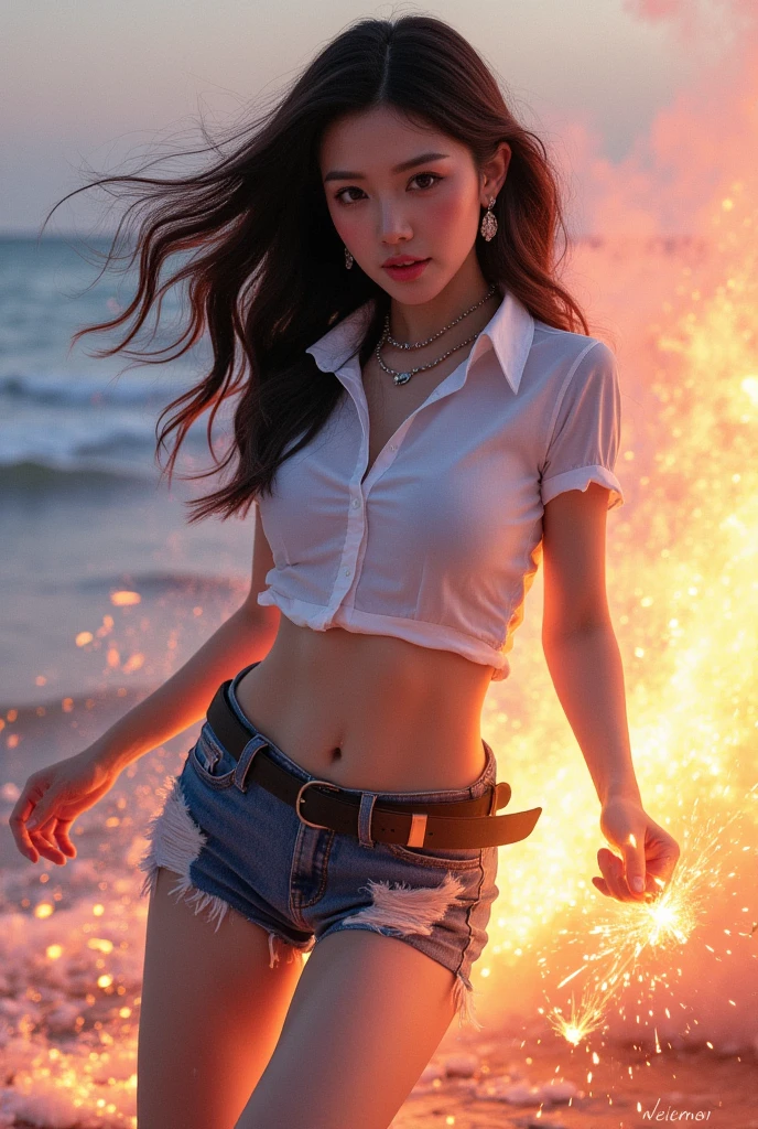 (masutepiece, Best Quality:1.2), 8K, Official art, Wearing a suit、Full body photo, full body Esbian、Suit Beauty、Beautiful barefoot woman with dark hair floating in the air, hold a flame in your right hand、in his left hand he holds a lightning bolt、23years old、Bright lava light rises above the broken Earth from beneath the asteroid belt(Jagged rock rocks and fragments shot into the air:1.3) (Storm of windy dust debris:1.1) Volume fogmist by trace Z、It can allow bright light from below to pass through、 (masterpiece) (top-quality) (detaileds) (8K) (电影灯光) (foco nítido) (Convoluted)A dark-haired、small tits、A delightful、A smile、unbelievable Ridiculous, (Beautiful girl with upper body, Pretty Face, arching back down, Gold hair ornament on hair、Wearing a cute suit、close up, Wearing a suit, Short sleeve, gardenia, violaceaess, Teen, space system, Looking at Viewer, Film grain, chromatic abberation, Sharp Focus, face lights, Dynamic lighting, Cinematic lighting, Eyes and faces with detailed, Bokeh background, (Tie with Emma written on it、1 copy:1.2)