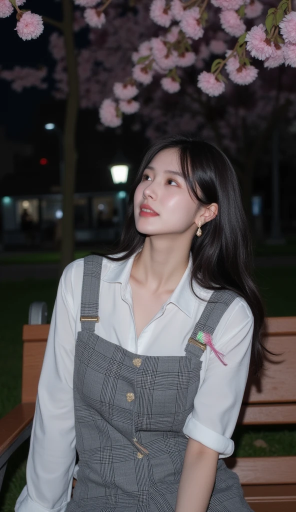 Night time,Dark,  young woman, gray plaid romper, pink brush , 8K, Park, white shirt, wolf hair, Doble layer hair dye, first layer are white, second layer are white, Looking up to see the cherry blossoms, pale solid colour background, cuff, up right pose, static pose, center composition, Sit on the estetic bench,estetic Garden lamp, Flowers, pets, others people,smile