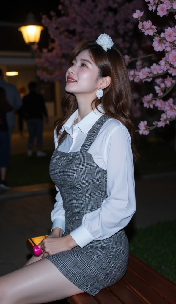 Night time,Dark,  young woman, gray plaid romper, pink brush , 8K, Park, white shirt, wolf hair, Doble layer hair dye, first layer are white, second layer are white, Looking up to see the cherry blossoms, pale solid colour background, cuff, up right pose, static pose, center composition, Sit on the estetic bench,estetic Garden lamp, Flowers, pets, others people,smile