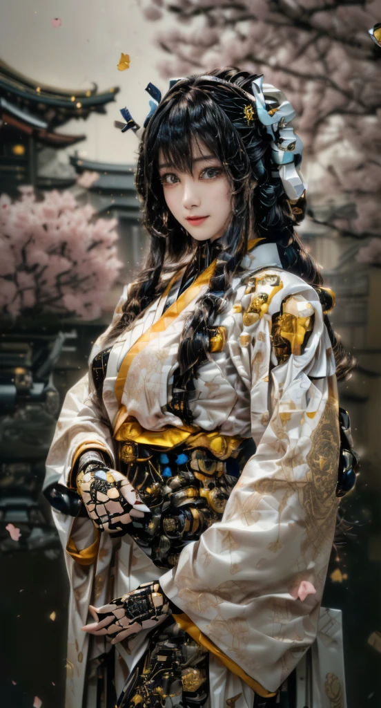 (It is a cybernetic samurai woman) who stands elegantly in a serene Japanese setting, (wearing a traditional kimono with intricate golden patterns). (Her robotic hands firmly grip a katana), and (it is the blade’s detailed hilt and subtle metallic reflection) that highlight the fusion of tradition and technology. (Her black hair, flowing naturally, is accented with 3 elegant hairpins), and (her piercing gaze is framed by soft lighting). (The setting includes a Japanese temple bridge in the distance, partially obscured by 100+ soft pink sakura petals falling gently through the air). (The lighting is soft and cinematic), creating (a highly detailed, ultra-realistic image) with a perfect balance of traditional aesthetics (70%) and cyberpunk elements (30%).