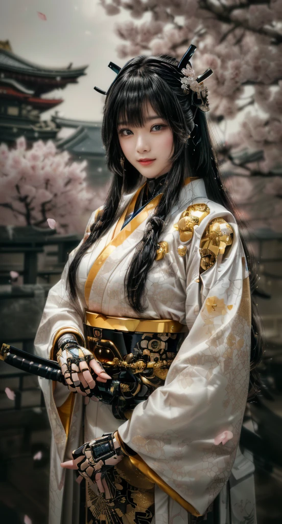 (It is a cybernetic samurai woman) who stands elegantly in a serene Japanese setting, (wearing a traditional kimono with intricate golden patterns). (Her robotic hands firmly grip a katana), and (it is the blade’s detailed hilt and subtle metallic reflection) that highlight the fusion of tradition and technology. (Her black hair, flowing naturally, is accented with 3 elegant hairpins), and (her piercing gaze is framed by soft lighting). (The setting includes a Japanese temple bridge in the distance, partially obscured by 100+ soft pink sakura petals falling gently through the air). (The lighting is soft and cinematic), creating (a highly detailed, ultra-realistic image) with a perfect balance of traditional aesthetics (70%) and cyberpunk elements (30%).