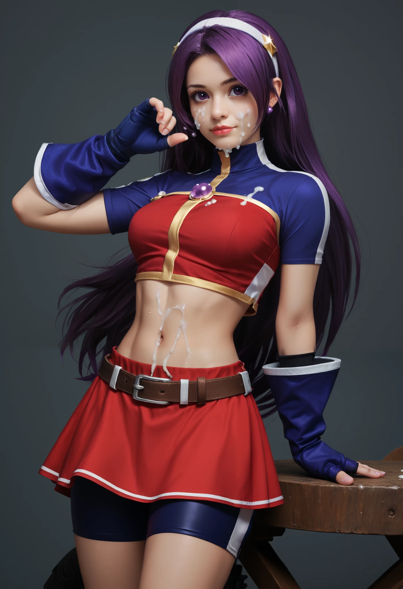 Masterpiece,best quality,ATHKOF2002, purple hair, long hair, purple eyes, white hairband, blue sleeves, pearl (gemstone), short sleeves, red top, belt, fingerless gloves, navel, red skirt, biker shorts, solo, light breeze, shiny skin,nsfw, standing,cowboy shot, big lips,  girl,18 yo,big eyes, cum on body,life facial expression,cum on stomach,cum on breasts