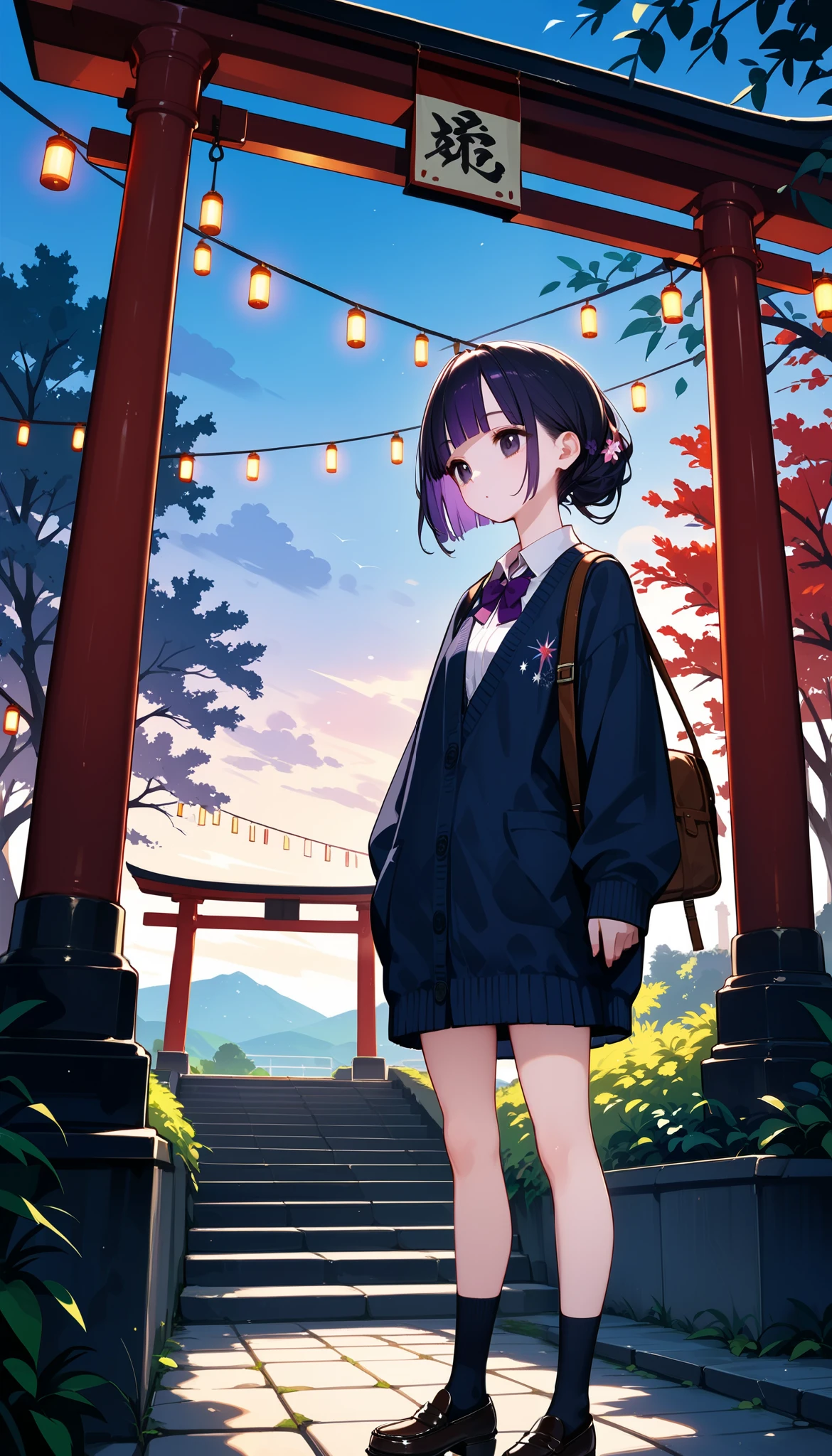   One Girl  , (Twilight Sky), stand, School Area,   The  , scenery, School Cardigan  , (  sleeve is longer than the wrist  ), Strong Loafers,    depicts a rural landscape with black ash hair on both sides, blunt bangs,  HEALTHY SKIN, Fair-skinned Japanese, Beautiful colors,  beautiful dark eyes    ,   Black Knee Socks  ,   movie lights,   upper body, :3,Long staircase、torii、Depict the rural landscape of a historic shrine 