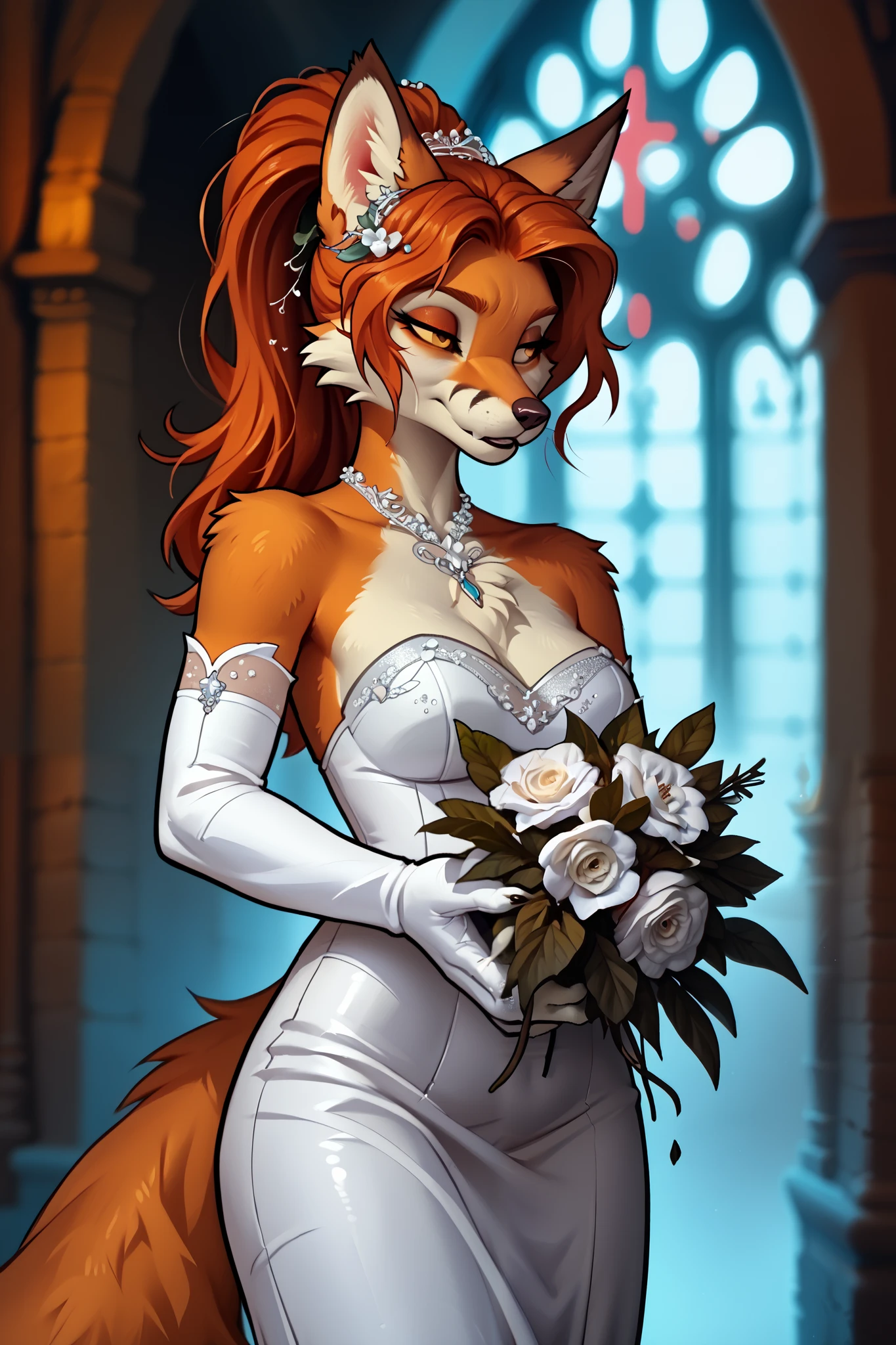 (zPDXL2), (PonyXLV6_Scores), rating_safety, Expressiveh, portrait shot, BREAK
lhata4564, d3t41l3d,
solo, (furry, anthro), female, Lilyan, European girl, (ginger tail fox girl, furry snout), (standing, holding bouquet:1.35), tight ponytail, (wedding dress:1.2), (altar, preacher, church background),