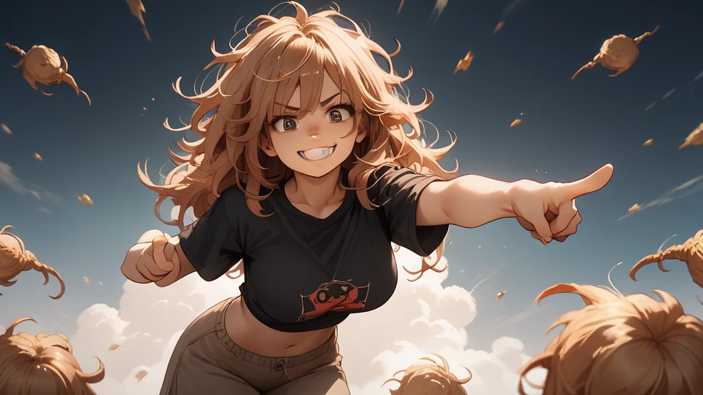 (pointingdown:1.4), 1girl, brown long messy hair, (pointing down:1.2), legs hidden, no background, black crop top, big breasts, left hand pointing, grin, eyes wide open,  Anime, Anime Face, Waifu, 