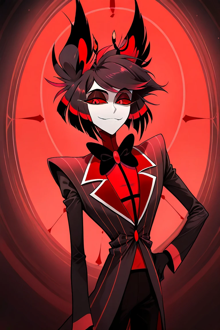 1boy, alastor hazbin hotel, Black suit,black hair, animal ears, pale Brown skin, Black pants, Black bow, red pupils, red sclera,alone