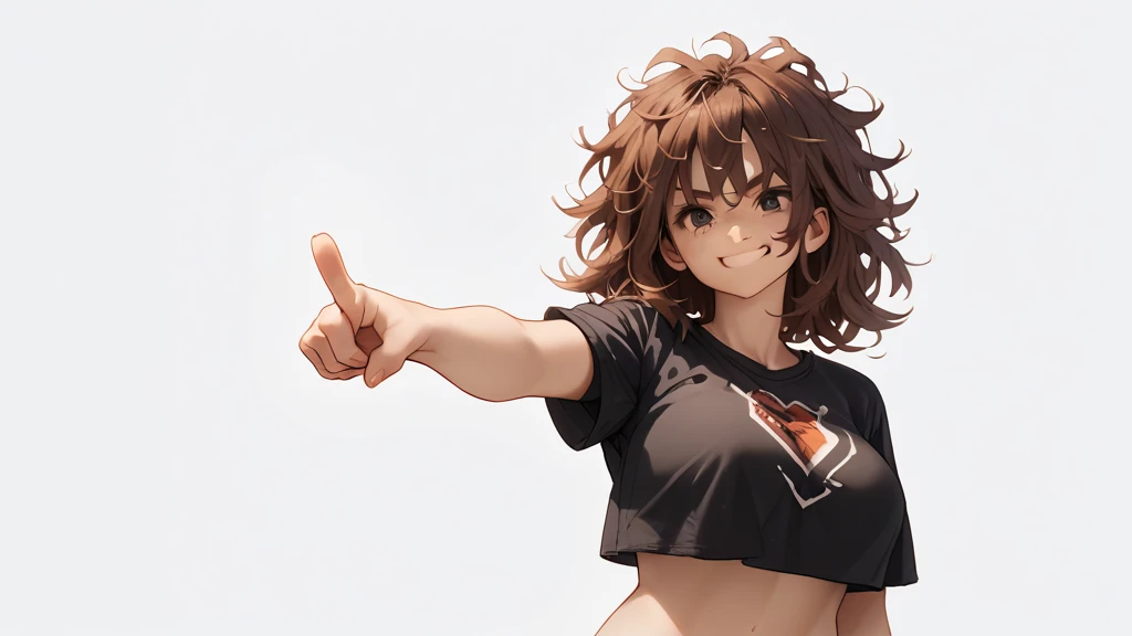 (pointingdown:1.4), 1girl, brown messy hair, (pointing down:1.2), standing, legs hidden, no background, black crop top, big breasts, left hand pointing, grin, eyes wide open,  Anime, Anime Face, Waifu, 