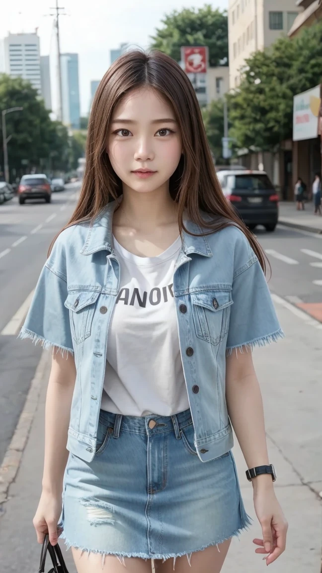 Children 15 years old、1 Beautiful girl、So cute、White shirt、denim shorts、細くて長い脚