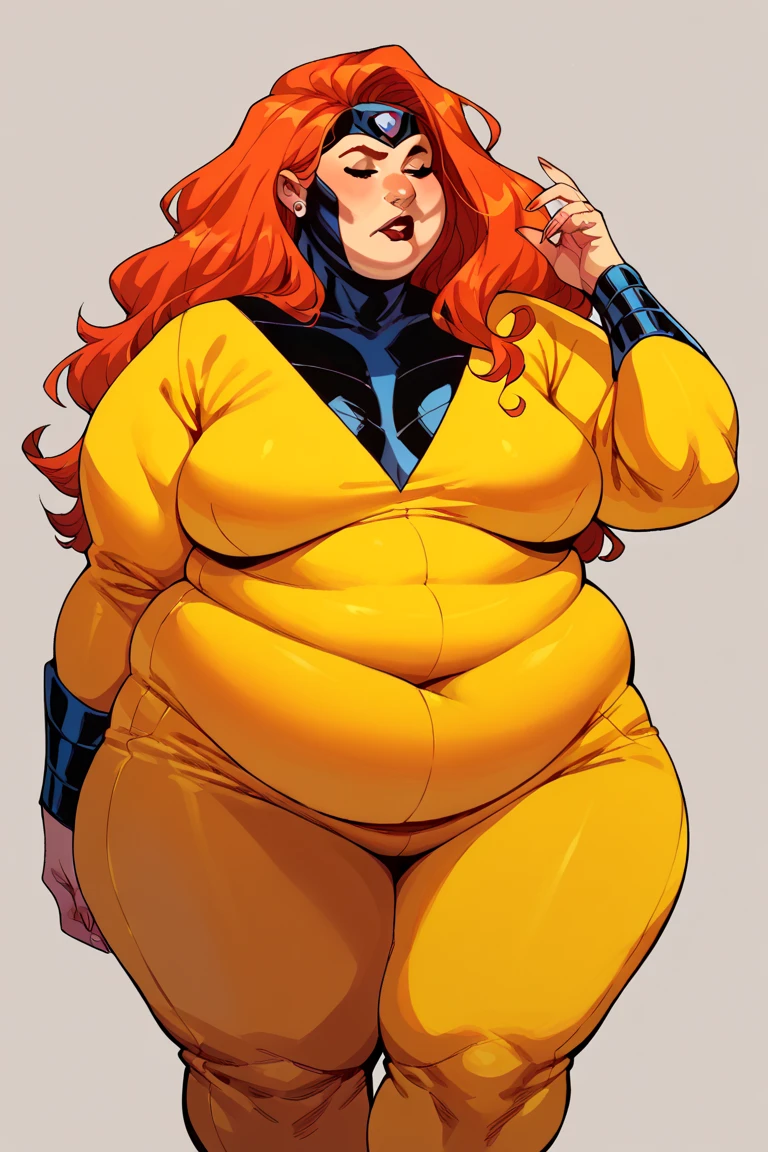 score_9, score_8_up, score_7_up, score_6_up, score_5_up,   jean grey (big fat body), 1girl,(Perfect anatomy of an obese female body), long hair, orange hair, yellow bodysuit (clothes that fit your big, fat body size).