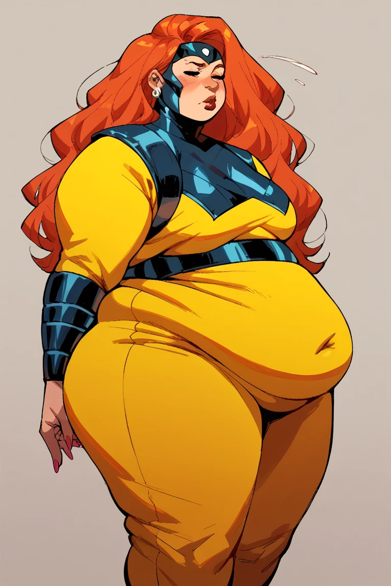 score_9, score_8_up, score_7_up, score_6_up, score_5_up,   jean grey (big fat body), 1girl,(Perfect anatomy of an obese female body), long hair, orange hair, yellow bodysuit (clothes that fit your big, fat body size).