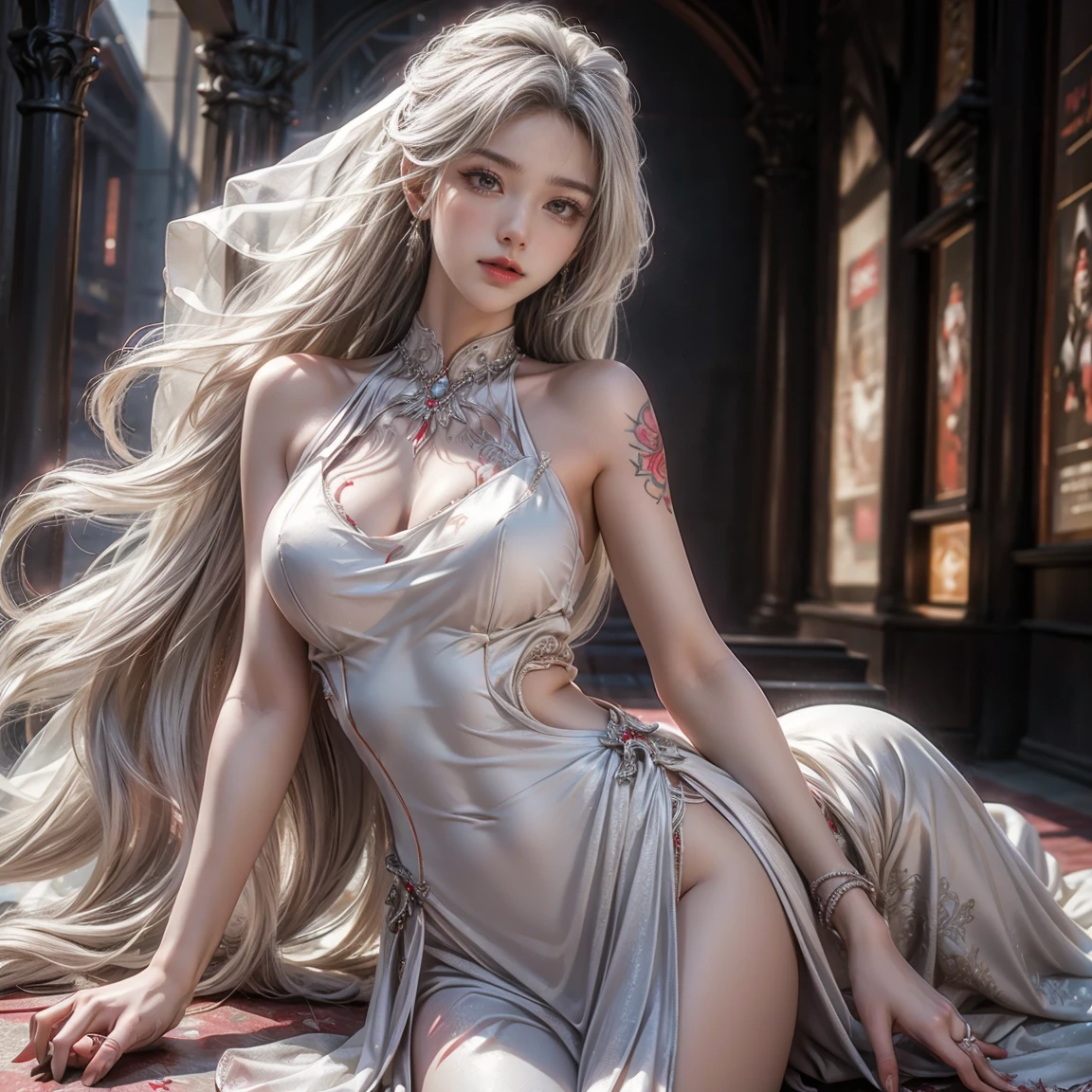 High resolution, Highest Quality, ultra-quality, Super Detail, A hyper-realistic, Photorealistic, Portrait, super cute woman, Flowing layered messy silver short bob, Big, shining golden eyes, Mysterious, Enchanting, Seductive moist lips, Huge breasts, great proportion, perfectly proportions, slender, Full body, White mini cami dress with floral wide open chest