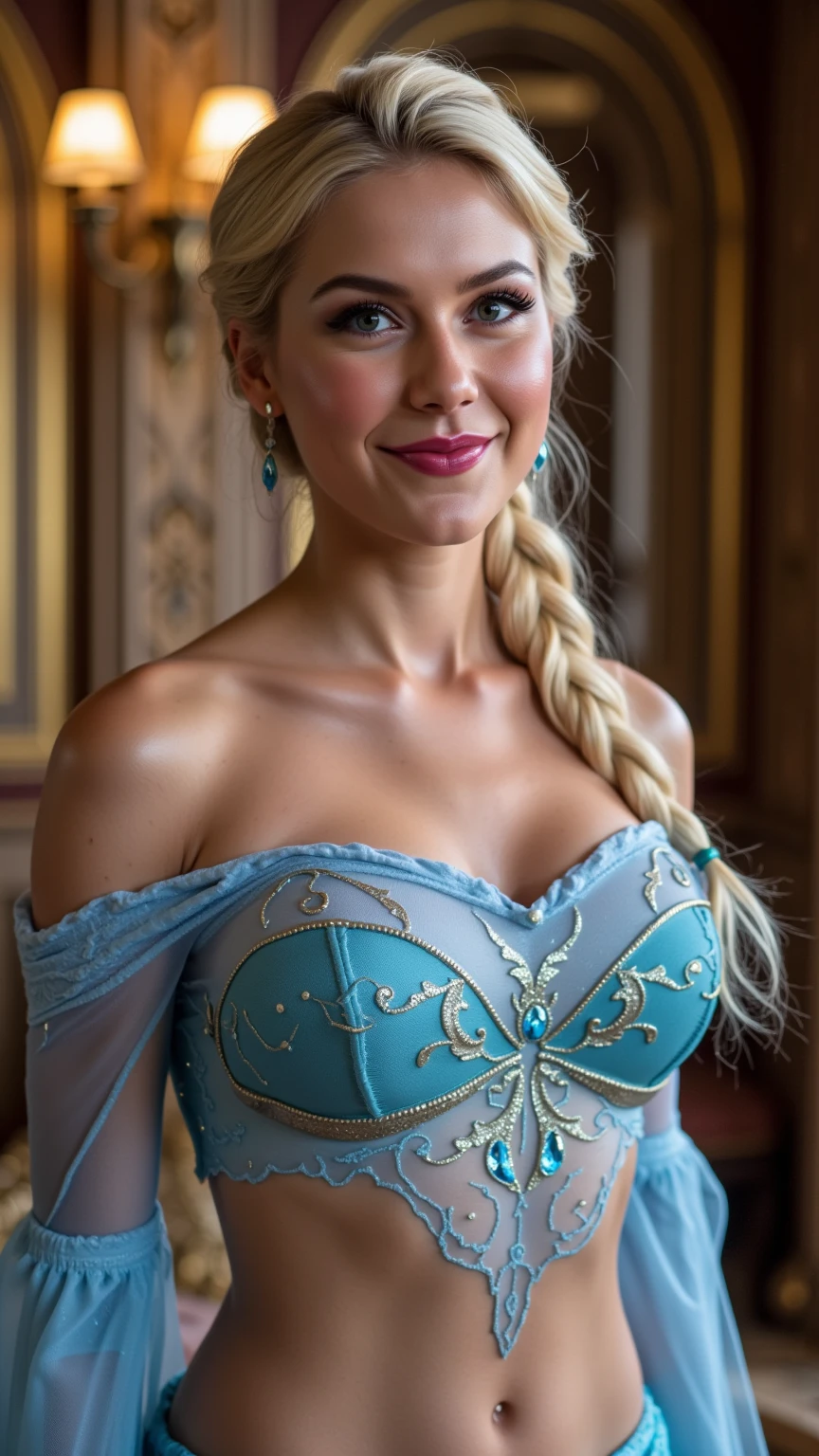 A stunning  shot of Nancy Ace as Elsa naked, showing lots of skin, exposed midriff, visible vagina, blonde Pubic hair , smiling , she is sexy , queen of arendelle, young and beautiful, hyper realistic, real portrait, backlit, exquisite features, cleavage, sexy, seductive, interior or an ornate castle bedroom with high ceilings, show skin, blue eyes, very perky tits with nipples poking, perfectly rendered nipples, deeply exposed cleavage , narrow waist and wide hips