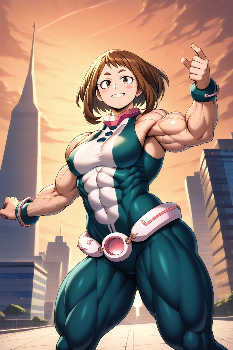 a girl standing, muscular girl, ((((huge)))) girl, (((((flat))))) chest,((((((wide)))))) shoulder, 1girl, ((((thick)))) neck, (((((wide))))) pecs, muscular, muscle, big girl, fat, thick arms, (((large))) torso, pectorals, lat, ((((huge)))) hip, thick legs, thick calves, straight waist, full body, anime, very large muscles, ochako uraraka, brown eyes, brown hair, short hair, blush, blush stickers, my_hero_academia, boku_no_hero_academia, smile, bodysuit, skin tight, superhero, city, detailed eyes, detailed mouth, detailed face, detailed faceline, best quality, masterpiece, intricate details, detailed, professional, Upper pectoralis major, Middle pectoralis major, Lower pectoralis major, Trapezius, deltoid, anterior deltoid, middle deltoid, posterior deltoid, Biceps, Biceps long head, Biceps short head, Triceps, Triceps medial head, Triceps Lateral Head, Triceps long head, Sternocleidomastoid, Platysma, Forearm Muscles, Serratus anterior, Oblique abdominal muscles, Rectus abdominis, abs, Transverse abdominis, Gluts, gluteus maximus muscle, Gluteus medius muscle, Tensor fasciae latae muscle, quads, Rectus femoris muscle, Vastus lateralis muscle, Vastus intermedius muscle, Vastus medialis muscle, hamstring, Biceps femoris muscle, Biceps femoris long head, Biceps femoris short head, Semimembranosus, Semitendinosus, Adductor magnus muscle, surae muscle, Triceps surae muscle, Gastrocnemius muscle, Soleus muscle, blood vessels, vein, artery, vascular, veiny arms, veiny shoulder, (((vascular))) neck, (((veiny))) chest, veiny torso, veiny hip